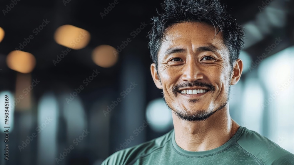 Wall mural a cheerful man wearing a green shirt smiles brightly in a gym setting, emanating strength, health, a