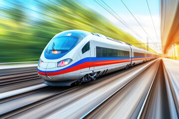 Fototapeta premium A sleek high-speed train moves swiftly on tracks, showcasing modern transportation technology with a blur of colors behind.