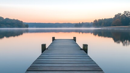 Fototapeta premium A peaceful lakeside dock at dawn, with still waters reflecting the soft pink and orange hues of the sky