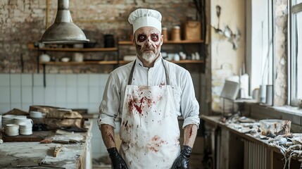 Zombie chef in a destroyed kitchen, bloodstained apron, eerie and grotesque, Halloween food horror theme