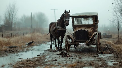 Obraz premium Zombie horse pulling a broken carriage, eerie countryside setting, Halloween undead animal concept