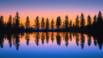 Obraz premium Silhouette of trees reflected in the calm water of a lake during twilight, with a gradient sky of orange and blue