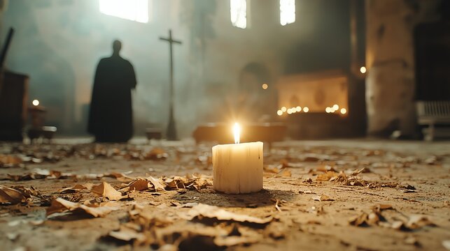 Zombie priest in a ruined church, eerie candles, unsettling and dark, Halloween undead spiritual horror