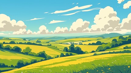 Obraz premium Summer Fields and Hills Landscape with Green Grass and Blue Sky with Clouds in Flat Style Cartoon Illustration