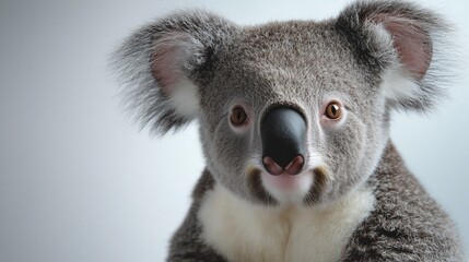 Obraz premium A detailed and realistic close up of a koala, showcasing its large, round ears and gentle eyes. The koala is positioned in front of a pure white backdrop, with bright, even