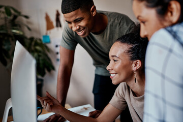 Business people, computer and discussion of fashion magazine article and digital update. Happy,...