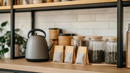 Tea station in the office pantry with various tea bags and a kettle, Tea time, Office beverage variety