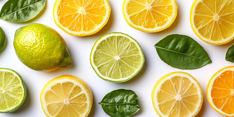 Obraz premium various citrus fruit slices and whole limes with leaves