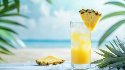 Soft pineapple juice in a tall glass with ice cubes and a pineapple slice garnish on a tropical beach background.