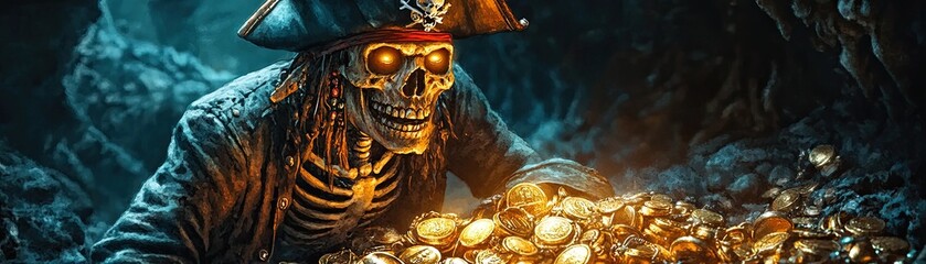 Skeleton pirate with glowing eyes guards a treasure hoard in a dark cave, creating a spooky and adventurous scene.