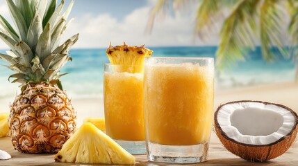 Two glasses of tropical fruit juice, one with pineapple and another with coconut, on a beach-themed background.