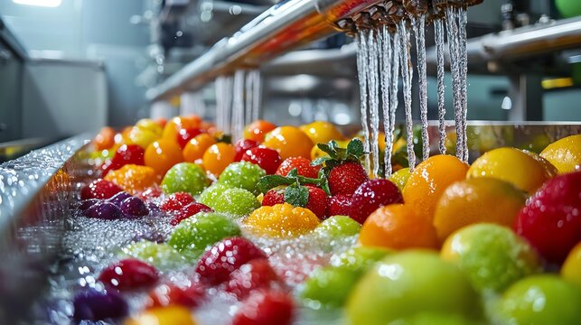 Fresh assorted fruits being washed in a commercial facility, ensuring cleanliness and quality. Perfect for food industry and sanitation themes.