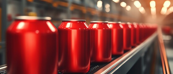 Row of red aluminum cans on a conveyor belt in a beverage production line with industrial lighting in the background.