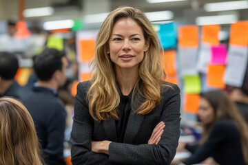 A woman with long brown hair is standing in front of a group of people