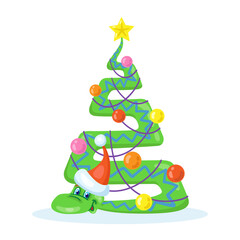 Funny snake in Santa hat - symbol of Chinese New Year in the form of a New Year tree. Greeting card 2025. Isolated on white background. Vector illustration.