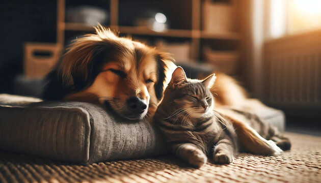 Cachorro e Gato Descansando Juntos em Cama de Pet