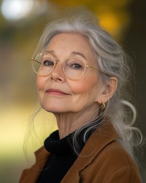 A portrait photo of a beautiful 66 year old woman with white hair