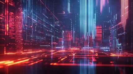 Fototapeta premium Futuristic digital cityscape with glowing neon lights and grid-like structures creating a high-tech cyber environment.