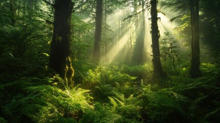 Obraz premium An atmospheric image of a foggy forest at dawn with sunlight piercing through the trees casting ethereal rays of light onto the forest floor covered with soft moss and ferns