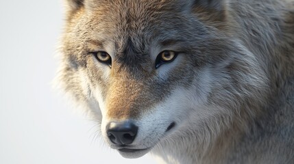 Obraz premium A detailed and realistic close up of a wolf, showcasing its piercing eyes and thick, textured fur. The wolf is positioned in front of a pure white backdrop, with bright, even