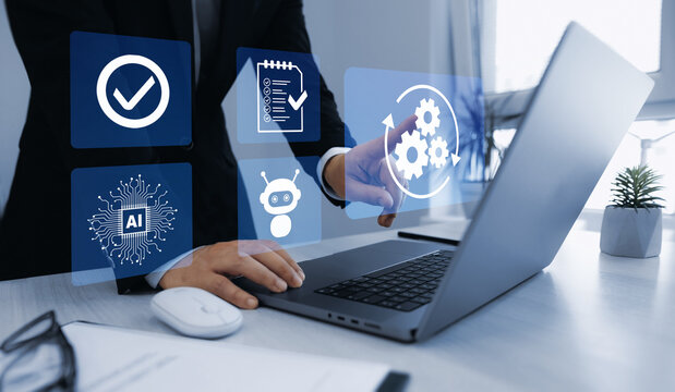 Robotic process automation or RPA.Technology to automate business tasks with AI robotic management.Automated industrial technology with digital transformation.Business process optimisation.