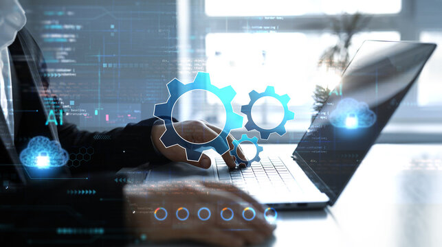 Javascript and digital computer code, agile development system.Software apps developer and IT revolution.Digital software development.System engineer and programming digital development.