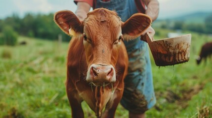 Farmer collecting fresh milk from a cow in a scenic meadow with a wooden bucket in hand