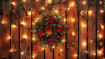 Fototapeta premium Festive Christmas Wreath with Red Ornaments and Lights on Wooden Fence Background