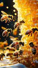 Abeille volant prés des alvéoles de la ruches pour stoker le miel