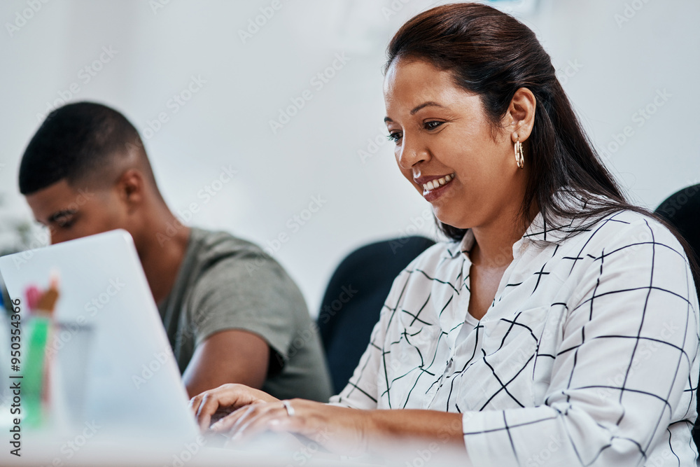 Fototapete Design, laptop and smile with woman in office of creative agency for research on web development. Business, graphic design and startup with happy developer or programmer in office for editing