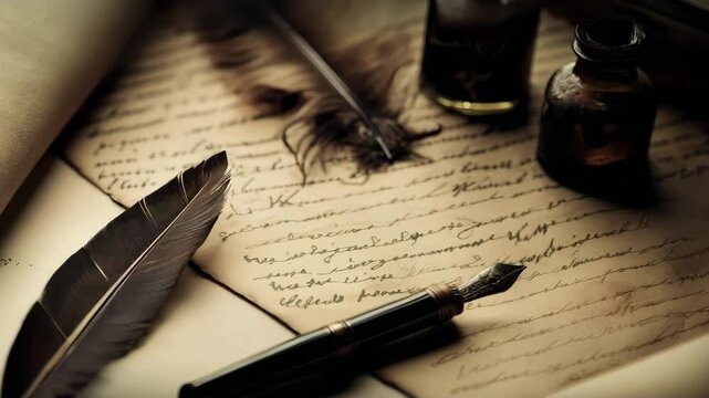 an old letter with ink, writing and feathers on top