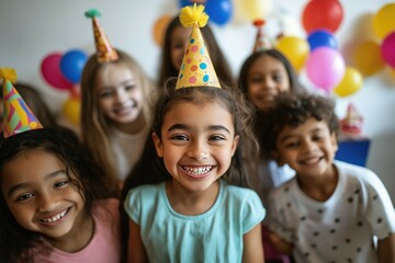 Fototapeta premium Cheerful laughing diverse children little kids on birthday party with colorful balloons