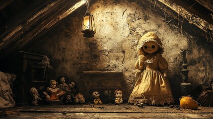 Obraz premium A vintage doll stands in a dimly lit attic surrounded by other antique dolls, creating an eerie and nostalgic atmosphere.