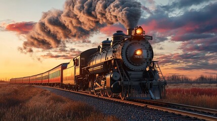 Fototapeta premium Vintage Steam Locomotive Train at Sunset