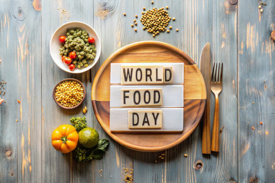 World Food Day Concept. Plate knife fork vegetables on wooden table background. Inscription on the plate World Food Day. Top view.