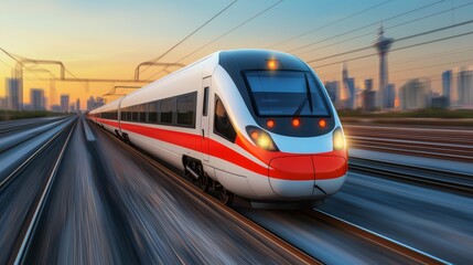 Fototapeta premium High Speed Train Traveling Through City at Sunset