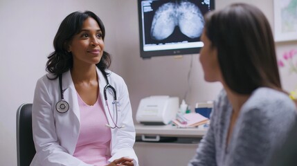 A doctor and patient sit together in a warm and inviting consultation room reviewing a mammogram the patient's expression filled with hope as they discuss the importance of regular screenings