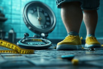 A person wearing yellow shoes stands beside a broken analog weight scale and a yellow measuring tape, symbolizing frustration, setbacks, and the ongoing struggle in weight loss.