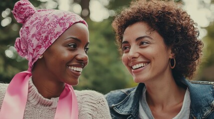A woman wearing a pink ribbon smiles warmly as she stands beside a friend who is undergoing chemotherapy the two women holding hands in a quiet moment of support and solidarity
