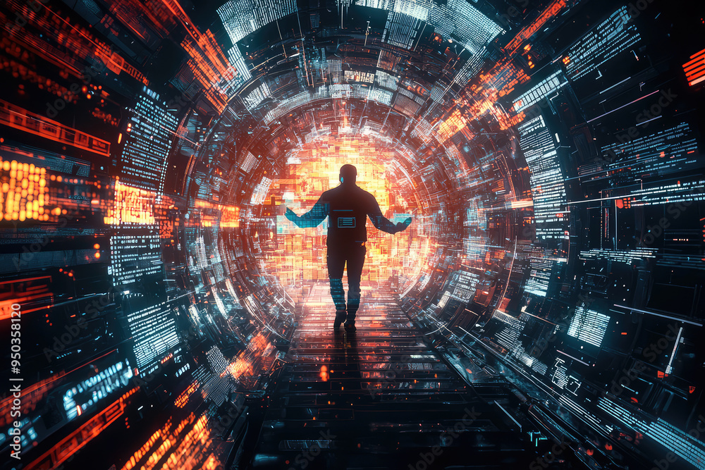 Poster a hacker's odyssey: exploring the depths of a futuristic digital realm with vibrant lights and dynam