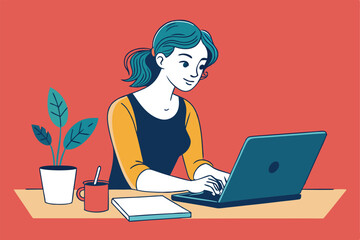 women working with laptop skatch art vector illustration