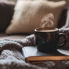 Cozy Coffee Moment with Book and Blanket