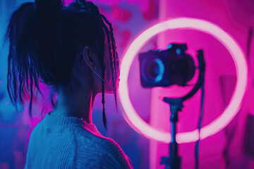 A Gen Z influencer captures vibrant moments while vlogging with a ring light in a colorful, dynamic atmosphere.
