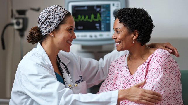 A female doctor with a compassionate smile sits beside a patient in an examination room her hand reassuringly placed on the patients arm as they discuss breast cancer prevention