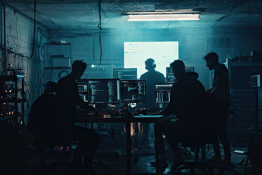 In the Shadows: A Team of Hackers Collaborate Under Flickering Lights, Merging Skills to Navigate the Digital Underworld.