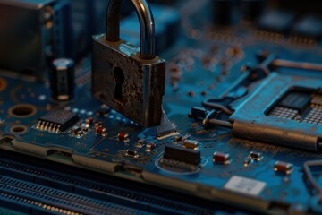 Cybersecurity: A Padlock Resting On a Circuit Board