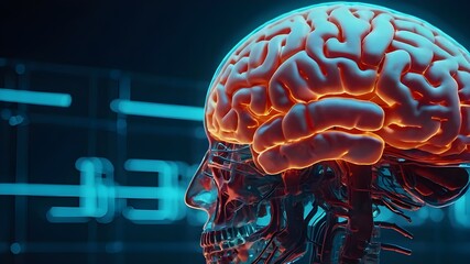 Futuristic Medical Hologram, Neon Glow, Translucent Human Brain Side View, Central Nervous System, Backdrop Background Illustration"