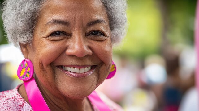A senior woman smiles as she wears a pink ribbon during a community event for breast cancer awareness her face reflecting wisdom and experience