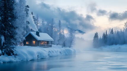 Snow-covered trees winter wonderland frozen river log cabin smoke chimney cool blues