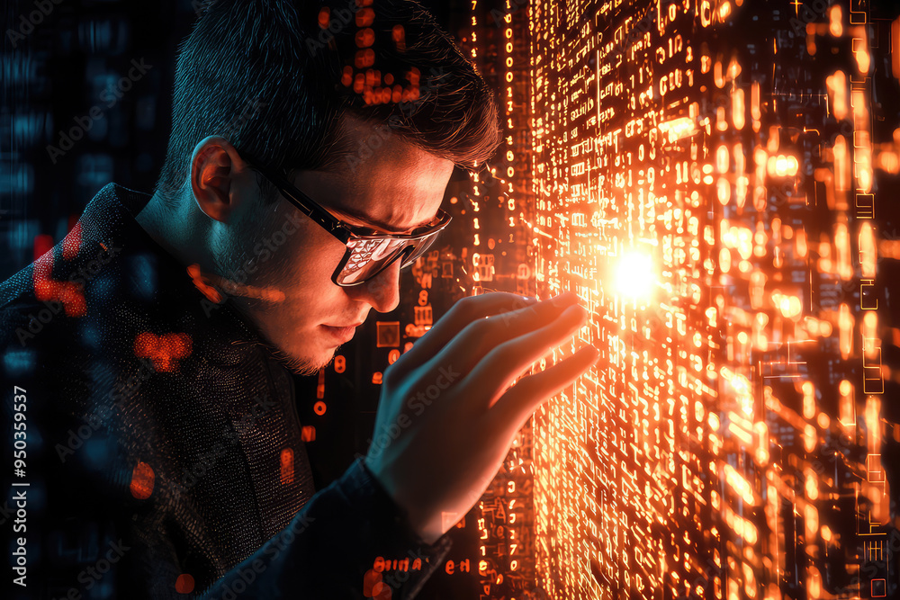 Poster a focused hacker navigating through a digital maze, cracking codes and unlocking secrets in a mesmer